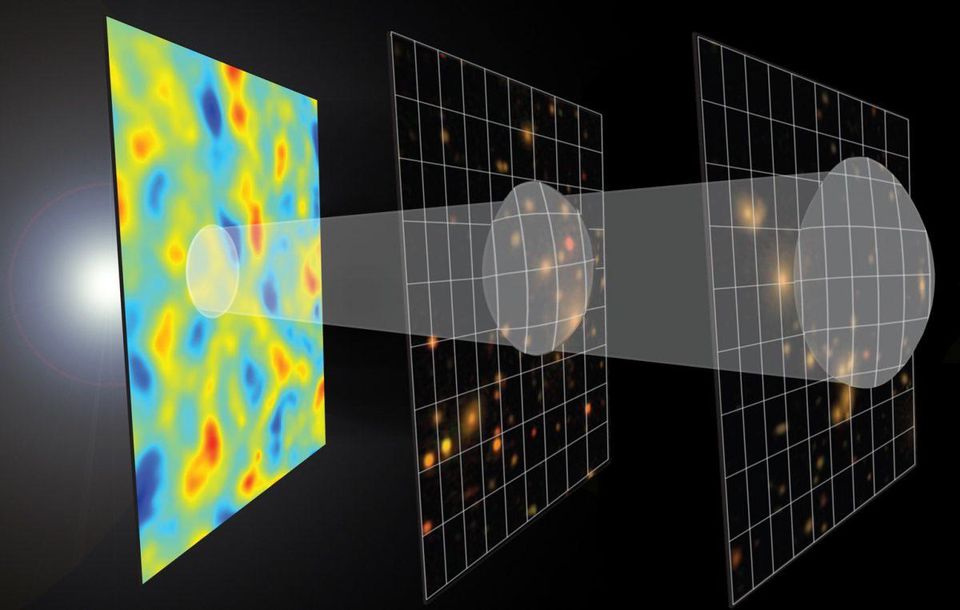 Uma ilustração de como o espaço-tempo se expande e se molda de acordo com sua densidade