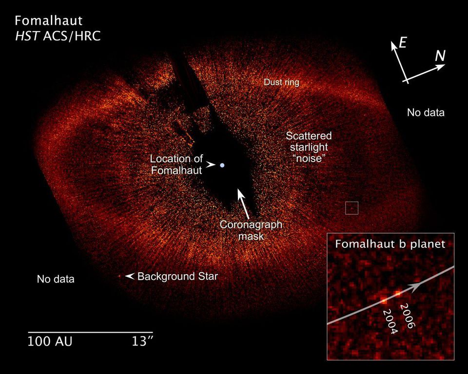 Esta imagem de luz visível do Hubble revela o planeta recém-descoberto, Fomalhaut b, orbitando sua estrela hospedeira